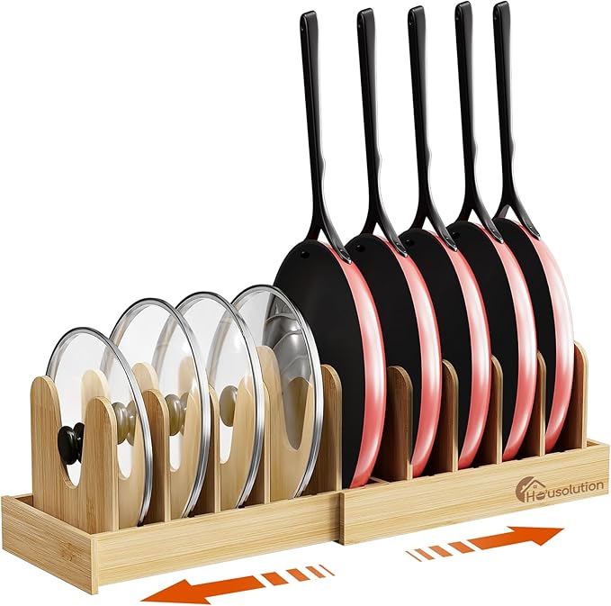 Housolution Bamboo Pot and Pan Organizer for Cabinet, 15"-29" Expandable Pot Lid Organizer with 10 Adjustable Dividers, Wooden Pan Holder Storage Rack, Fully Expanded Size 29.5" W x 8" D x 7.5" H