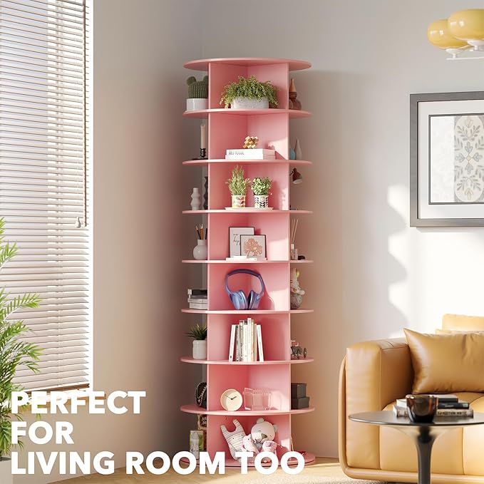8 Tier Rotating Shoe Rack Tower, Spinning Shoe Display Lazy Susan, 8-Tier Pink
