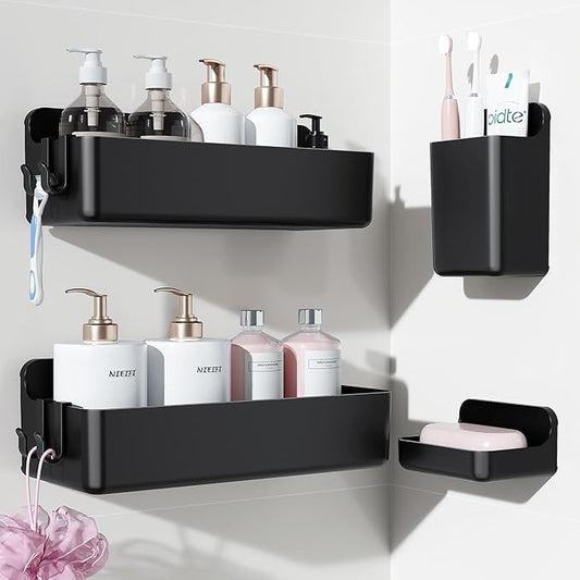 Adhesive Wall Shelf, Shower Shelves, Black, 4 pieces