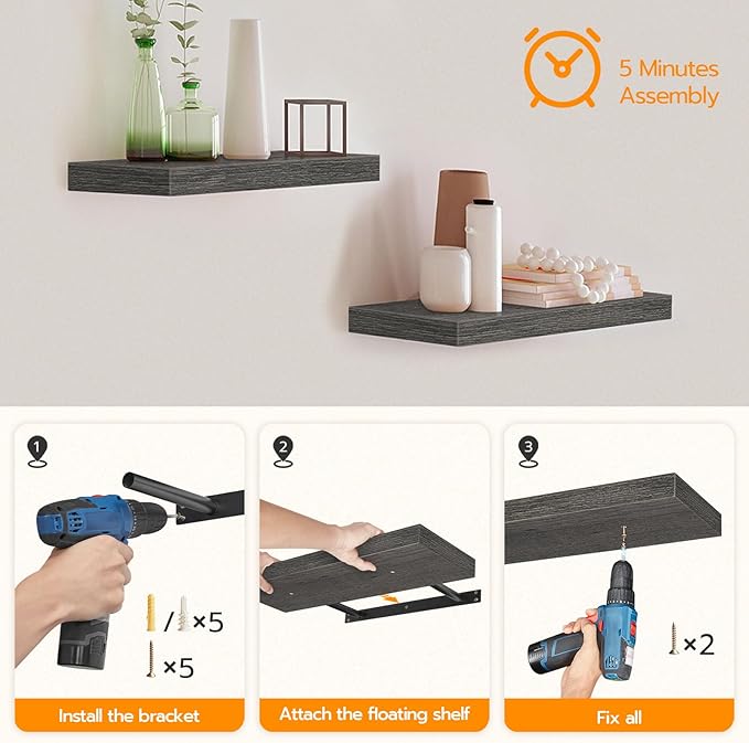 Floating Shelves for Wall, Wall Mounted Shelf Set of 2, Charcoal Gray BC40BJ01