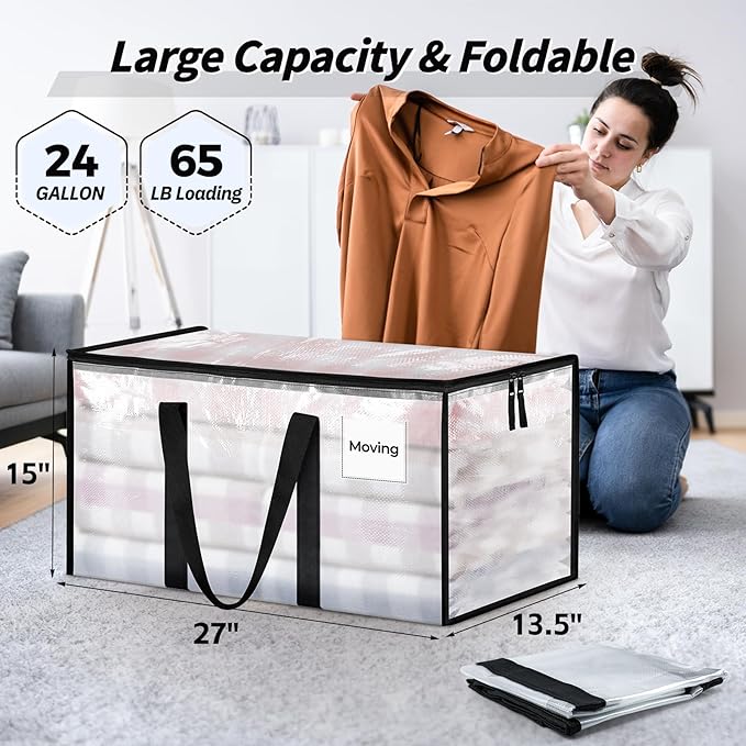 16 Pack Extra Large Heavy Duty Moving Bags, Clear Storage Bins with Lids