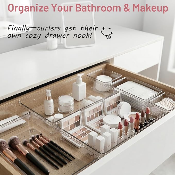 Drawer Organizer, 10 Pack Large Clear Plastic Organizer Bins 5 Sizes