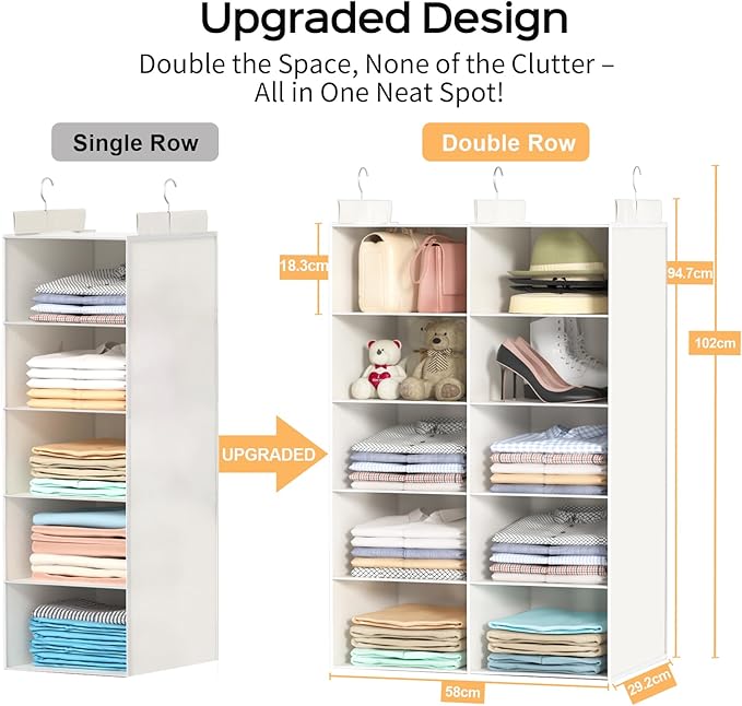 ALLTIDYUP White 5-Tier Hanging Closet Storage Organizer - Space-Saving Dual-Row Foldable Shelves with 3 Hooks, Wardrobe Organizer for Dorm, Bedroom, Clothes and Accessories