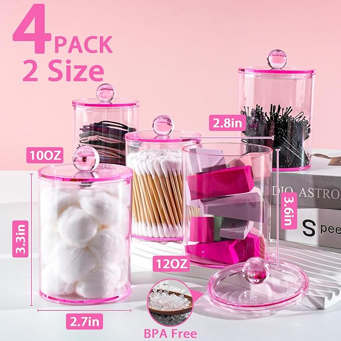 XIPENGKEJI 4 Pack Qtip Holder,Canister Apothecary Jar Set, Bathroom Jars with Lids Set for Cotton Swabs, Balls, Pads, Floss Picks,10oz-12oz Plastic Canisters Restroom Bedroom Vanity Organizer(Pink)