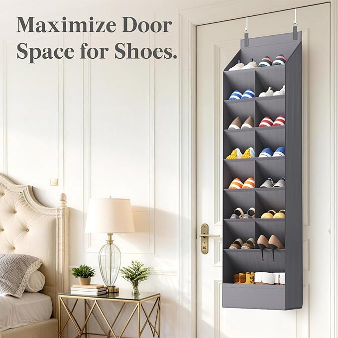 8 Tier Over the Door Shoe Organizer with 15 Large Deep Pockets, Gray