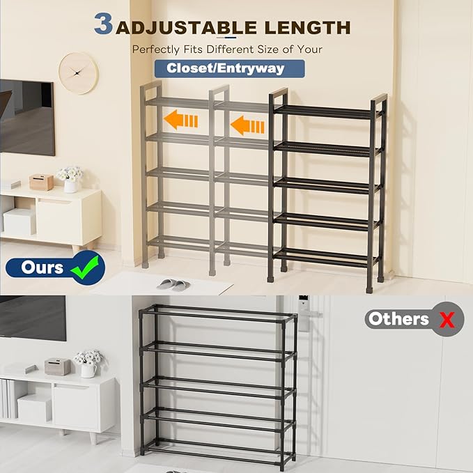Mavivegue 5-Tier 19"-43.3" Adjustable Shoe Rack for Closet,Expandable Shoe Rack, Hall Entryway,Front Door,Garage, Sturdy Steel Space-Saving Rack, Black