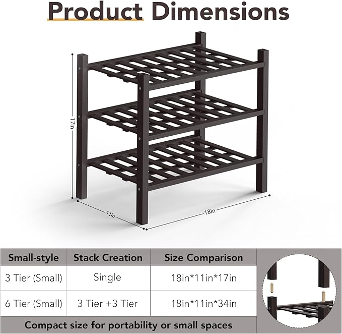 Haddockway Small 3 Tier Bamboo Shoe Rack Storage Organizer, Multifunctional Free Standing Stackable Shoe Shelf with Grid Panel for Closet,Hallway,Entryway,Small Space 18"x11"x17"