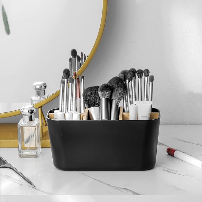 Toothbrush Holders for Bathrooms, Bamboo Tooth Brush Holder with 5 Slots Bathroom Vanity Organizer Countertop for Electric Toothbrushes, Toothpaste, Razors - Black