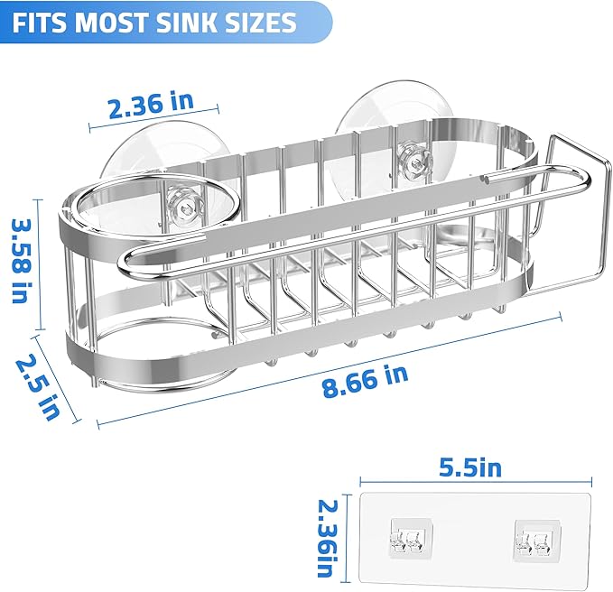 Cisily Kitchen Sink Caddy Sponge Holder in The Sink, Suction cup-Silver