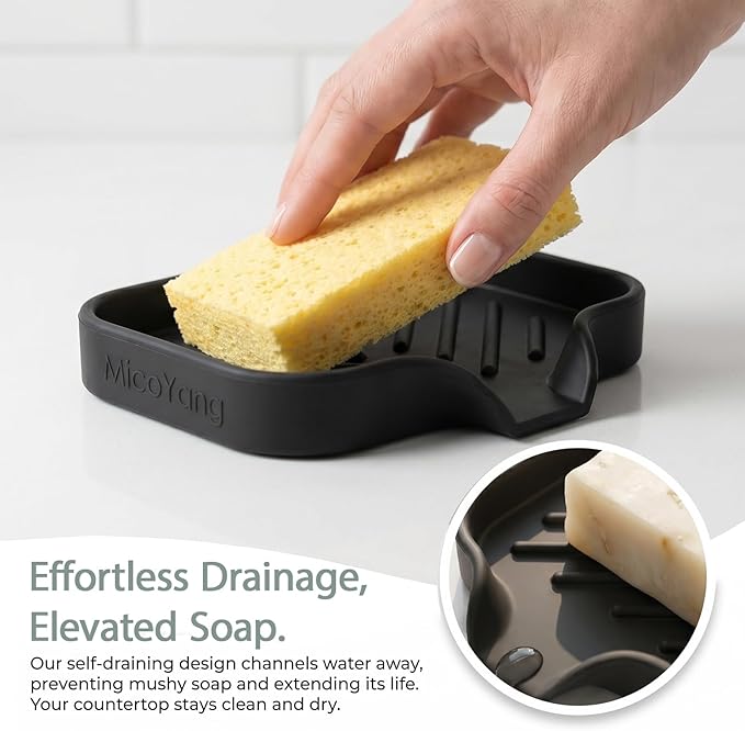 MicoYang Silicone Soap Dish with Drain Spout — Self-Draining Sink Organizer Tray for Bathroom & Kitchen, Holds Bar Soap, Sponges & Dispensers, Non-Slip & Dishwasher Safe, Black (Small, 4.9"×3.2")