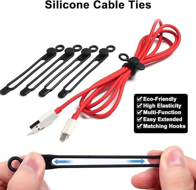 48Pcs Cord Organizer Kit, Reusable Elastic Silicone Cable Ties, Strong Adhesive Cable Clips for Cable Management, Multipurpose Wire Management for Bundling and Fastening Various Wires (Black）