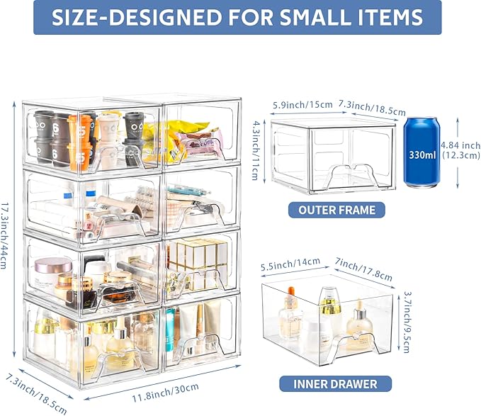 Plastic Drawers Storage, 8 Pack Clear Stackable Storage Drawers