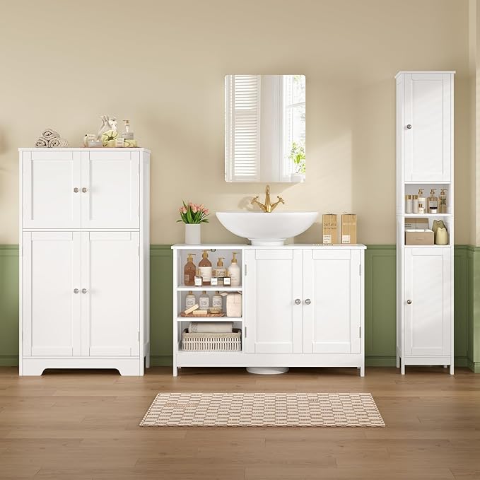 TEENFON 35.4" Pedestal Sink Storage Cabinet with 2 Doors and Adjustable Shelves, Bathroom Sink Cabinet, Under Sink Storage with U-Shape Cut-Out, White