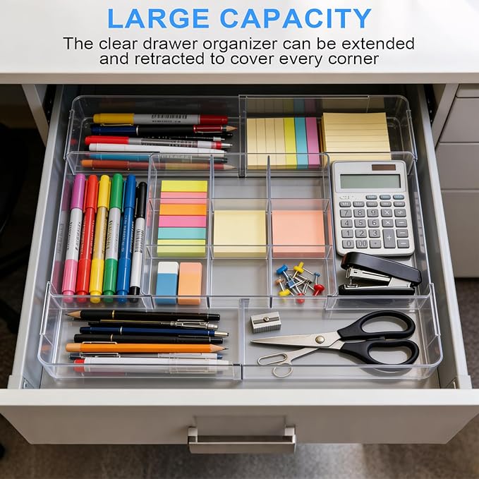 Expandable Desk Drawer Organizer, Expandable Storage Tray with Adjustable Compartments - Customizable Desk Organizer for Makeup, Utensils, Office Supplies, Junk Drawer & Bathroom