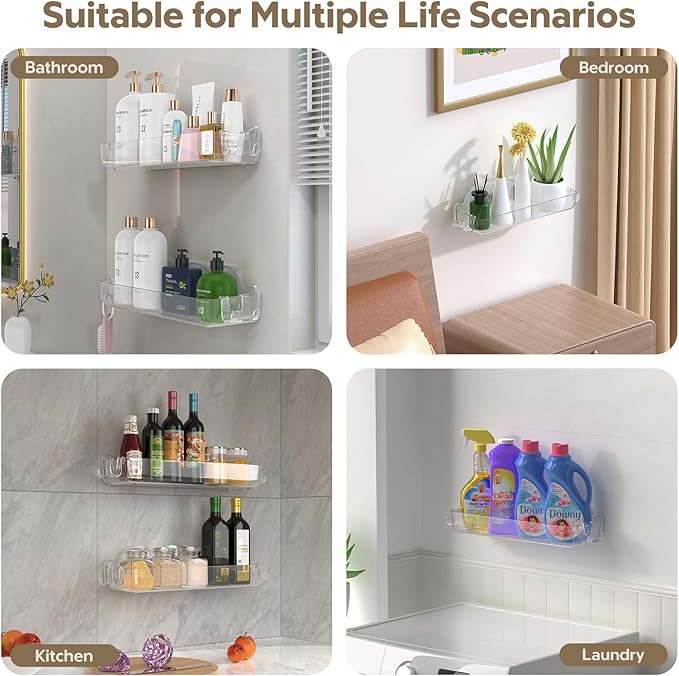 2 Pack Acrylic Shower Caddy Adhesive, No Drilling Bathroom Shower Organizers, with 4 Removable Hooks, Wall Mounted Shower Shelves, Acrylic Shower Holder Storage for Bathroom, Dorm, Kitchen