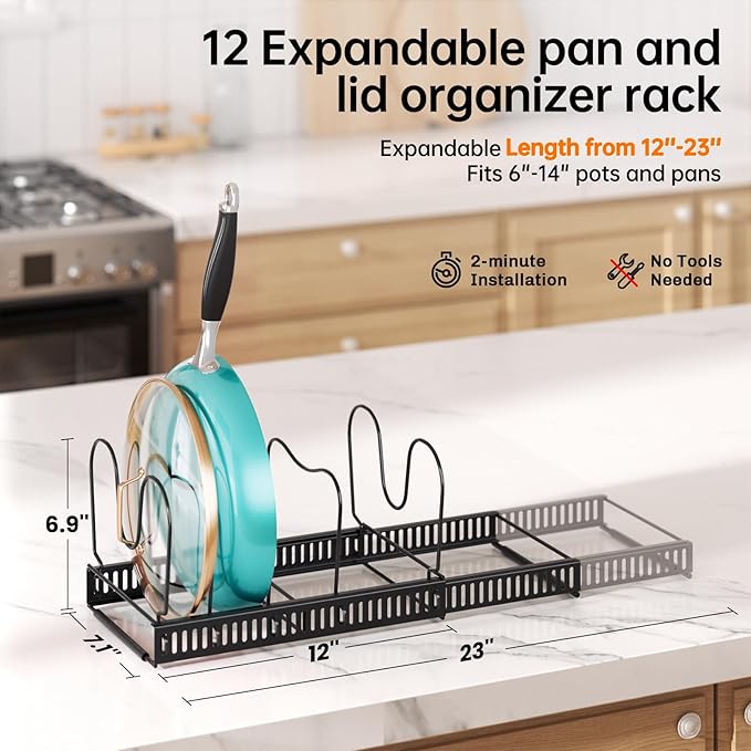 MUDEELA Pot and Pan Organizer Rack for under Cabinet, Expandable 11.81''-22.85'' Pot Lid Kitchen Cabinet Organizer Holder with 12 Adjustable Compartment Cutting Board Organizer for Pan Lid, Bakeware