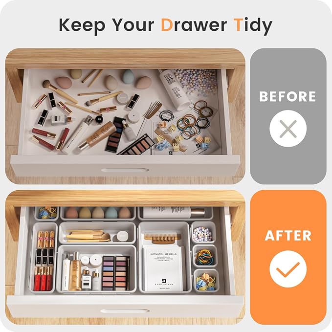 A-LuGei 【Military Grade Drawer Organizer, 【𝟱𝗦𝗶𝘇𝗲】 Makeup organizer, 【Holds 177 Items】 Bathroom Organizers and Storage, Organization and Storage, Desk Drawer Organizer for Vanity (White)