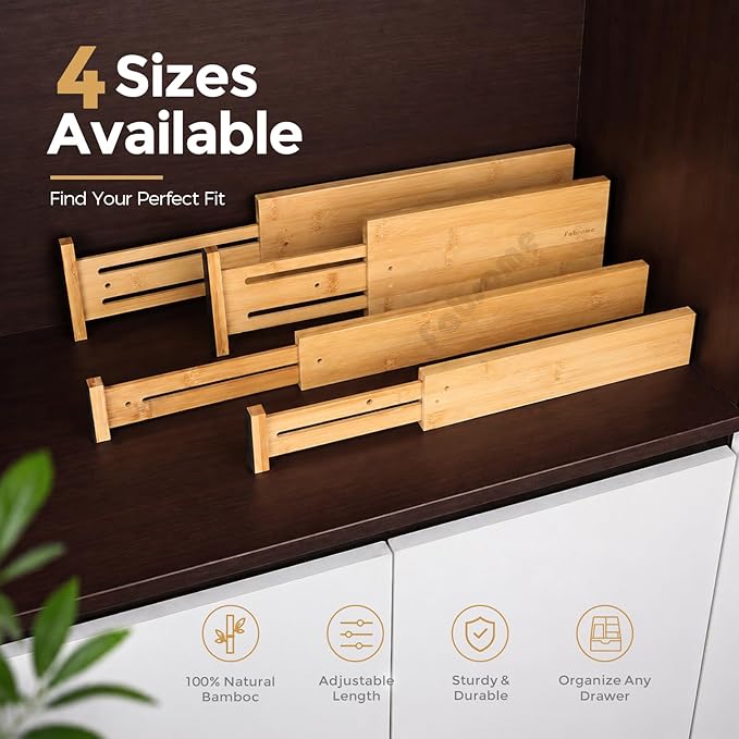 Drawer Divider 6 Pack, Bamboo Kitchen Dividers Organizers Adjustable 17''-22''
