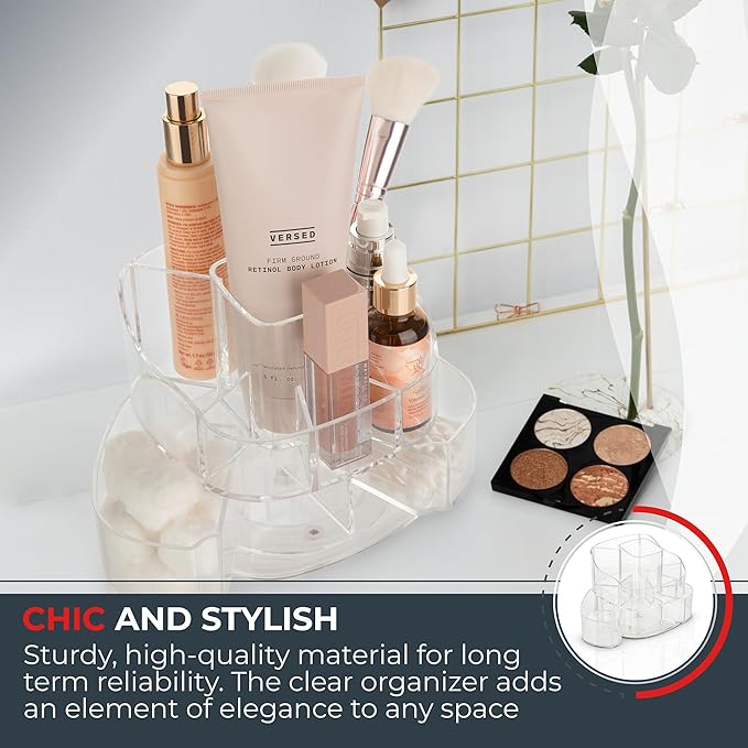Masirs 360-Degree Rotating Makeup Organizer – Small Acrylic Cosmetic Storage Caddy with 5 Compartments, Mini Lazy Susan Vanity Organizer for Bathroom Counter, Skincare, Perfume, Brushes, Clear