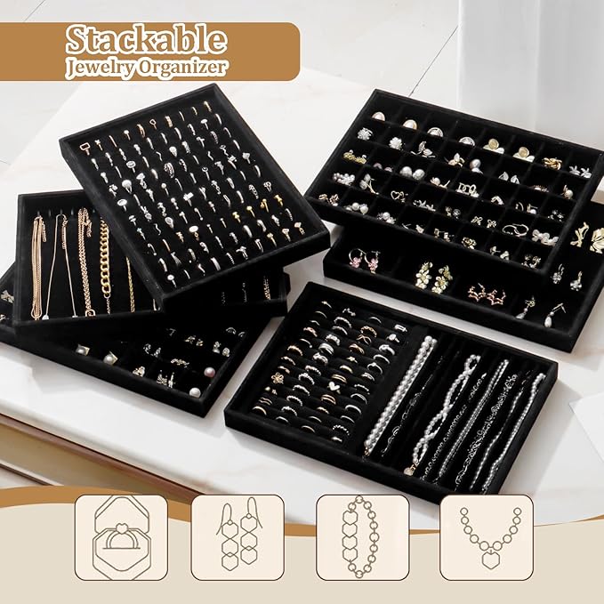 Large Velvet Jewelry Tray 2 Pack Stackable Jewelry Display Drawer Inserts Trays Organizer for Earring Bracelet Necklace Ring (Black, Ring and 9 Grids)