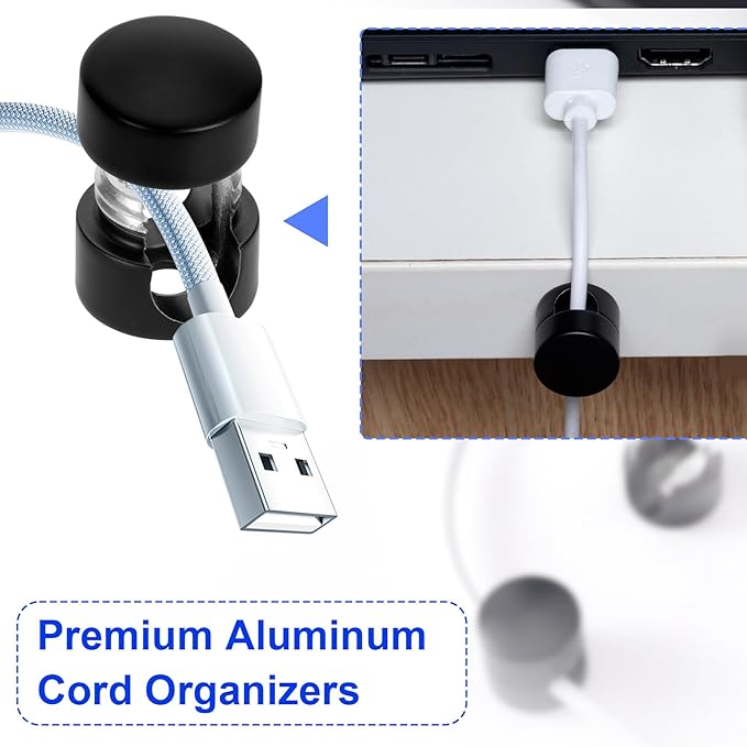 SmallCat 3 Sets Charger Holders for Cords, Matte Black Color Adjustable Cable Anchor Holders, Adhesive Metal Cord Clips, Cable Management Wire Organizers for Desk, Office, Nightstand