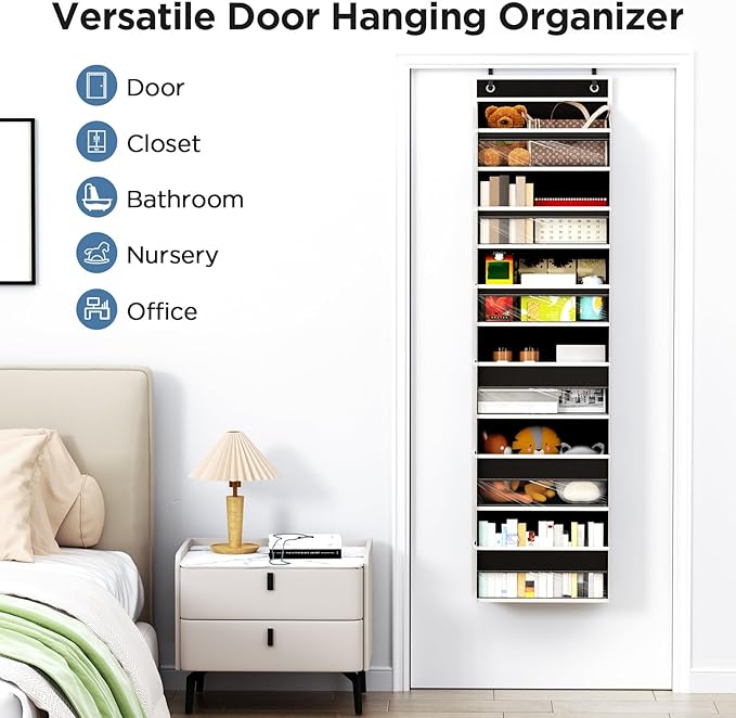 Mefirt 6 Tiers Over The Door Organizer, Heavy Duty Hanging Organizer Storage with Large Capacity Pockets, Behind Door Storage Hanging Shelves for Closet Wall Bathroom Bedroom Nursery Pantry, 1 Black