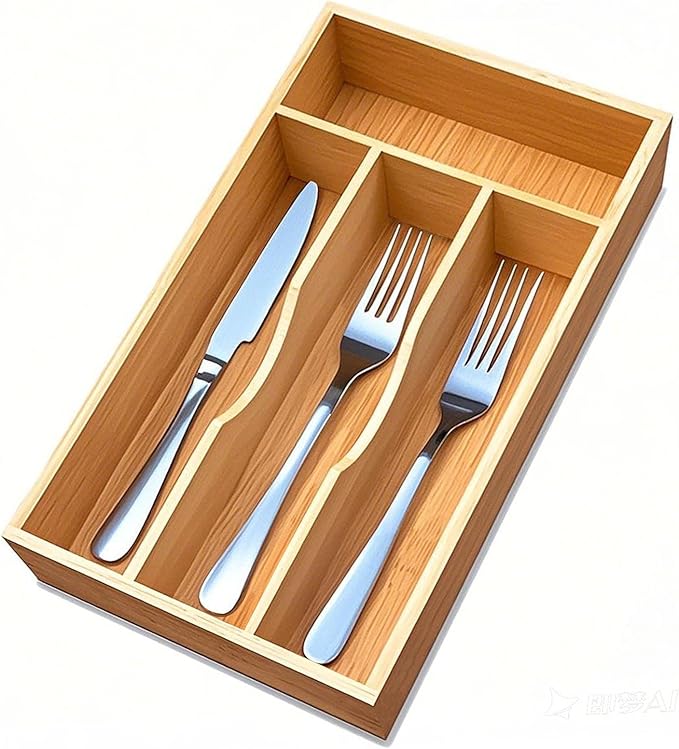 guiogc Bamboo Kitchen Drawer Silverware Organizer, 7 Inch Silverware Utensils Tray Holder for Small Drawer, Wood Caddy for Flatware Cutlery Knives 4-Slots