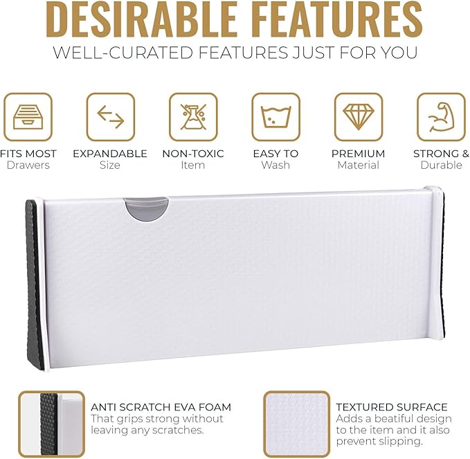 Adjustable Deep Drawer Divider, 5" Tall, Expandable 13-22", 10-Pack