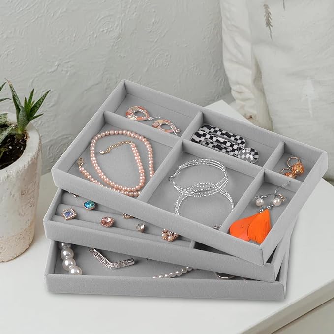 Set of 8 Velvet Jewelry Drawer Organizer Inserts, Stackable Trays with Removable Dividers, Earring and Ring Holder Display for Dresser, Storage Case for Necklace Bracelet Watch - Grey
