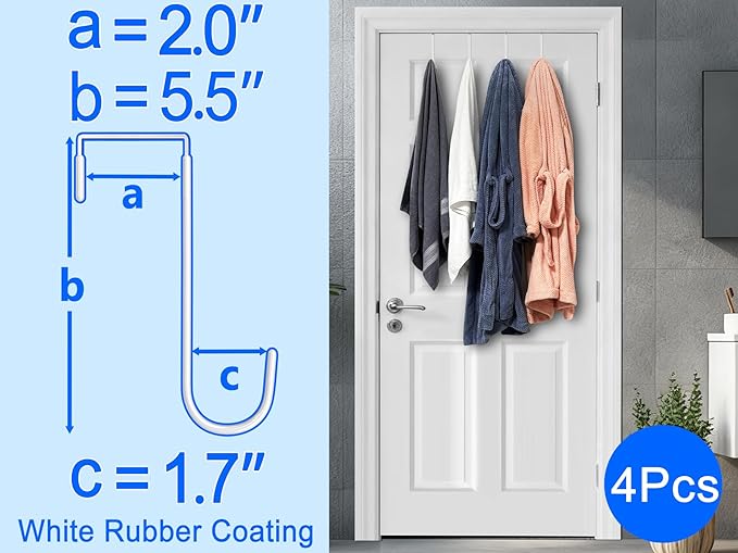 Mars-Rock Over The Door Metal Hooks with Plastic Coating 5.5" Fit 0.5" to 2" Wide Door 4 Pcs Heavy Duty Single Towel Robe Rack Wreath Bathroom Shower Hanger Shoe Organizer Ironing Board Short White