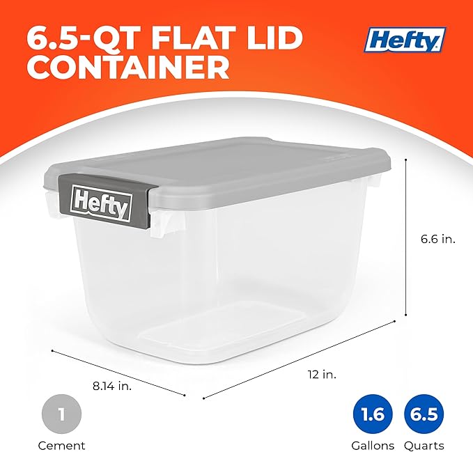 Hefty 6.5 Qt Flat-Lid Storage Bin with Lid, Stackable Plastic Storage Container, Organizer for Home, Office & Classroom, 8 Pack, Gray