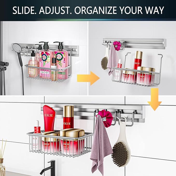 Premium Shower Caddy,Adhesive Wall Organizer Storage Basket ,Wall Mounted Shelves Shower Caddy Modern Home Style for Home Kitchen Bathroom, Storage Rack with Removable Basket & Hooks,Machine Washable