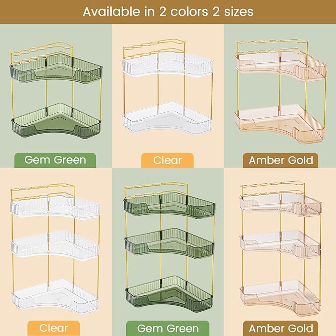 NATURE'S SOURCE Makeup Organizer for Vanity, 3-Tier Corner Bathroom Organizer Countertop with Makeup Brush Holder, Bathroom Counter Storage for Dresser-Amber Gold