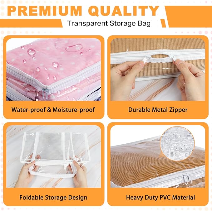 Clear Zippered Storage Bags Plastic Sweater Storage Bags with Zipper 6 Packs Clothing Organizer for Blankets Linen Sweater Bed Sheet Quilt Clothes Pillow (15.7 x 13.8 x 3.9 Inch, White)
