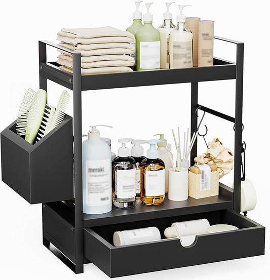 2-Tier Bathroom Counter Organizer with Drawer and Basket, Black
