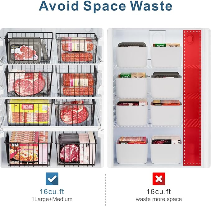 iSPECLE Freezer Organizer Bins - 6 Pack Stand Up Freezer Organizers for 16 Cu.Ft Upright Freezer, Storage Baskets for Meat & Veggies, Prevents Items Falling, Slide-Out Access, 3 Large 3 Medium, Black