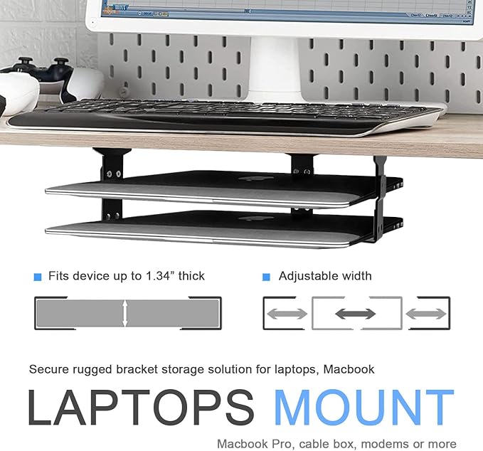 IFCASE 2 Tier Under Desk Laptop Mount, Double Decker Metal Under Desk Shelf Holder for Laptop, MacBook Pro, Keyboard with Anti-Scratch Silicone (Black)