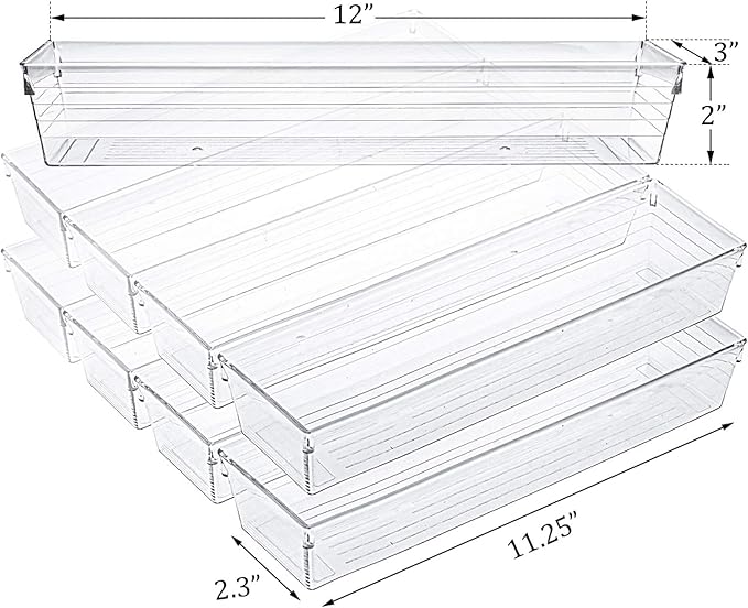 Kingrol 10 Pack 12 x 3 x 2 Inch Clear Drawer Organizer Trays, Desk Drawer Divider Storage Bins, Storage Box Set for Kitchen Bathroom Office Supplies
