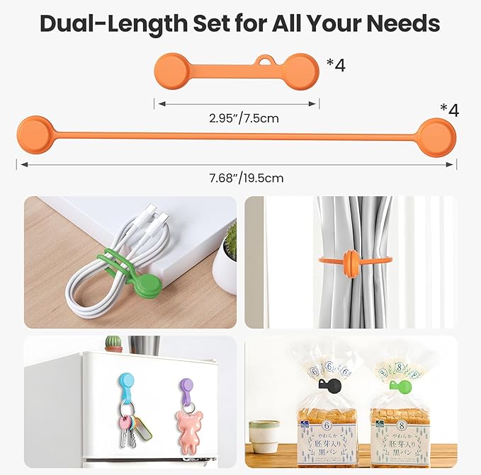 Tounee Reusable Silicone Magnetic Cable Ties - 2 Sizes Combo (4pcs 2.56'' + 20pcs 7.16'') - Multi-Purpose for Cable Bundling, Organizing, Bookmarks & Fridge Magnets - Assorted Colors, Pack of 24