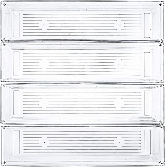 Kingrol 10 Pack 12 x 3 x 2 Inch Clear Drawer Organizer Trays, Desk Drawer Divider Storage Bins, Storage Box Set for Kitchen Bathroom Office Supplies