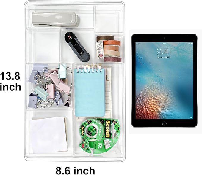 8-Section Clear Drawer Organizer, Large Acrylic Drawer Divider Tray for Desk