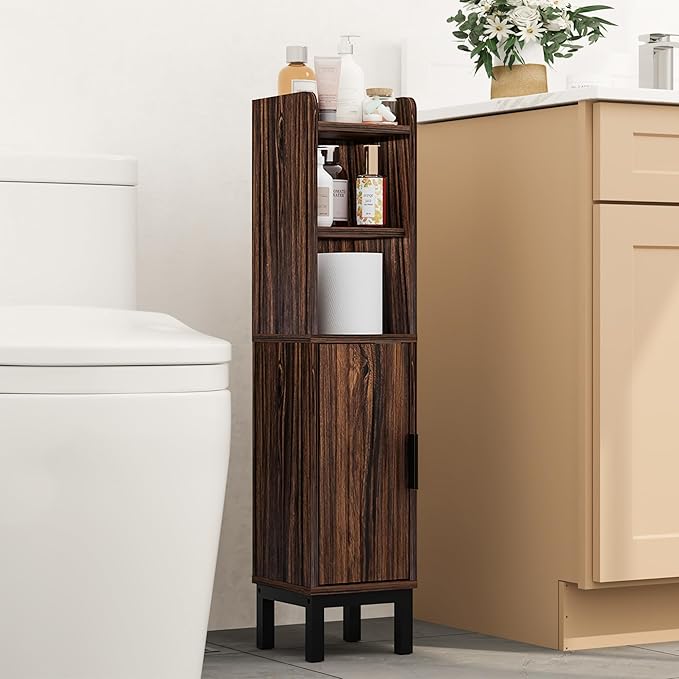 FerniTry Small Bathroom Storage Cabinet, Corner Floor Cabinet with Door and Shelves, Narrow Toilet Paper Cabinet, Bathroom Organizer with Adjustable Shelf, for Small Spaces (Walnut)