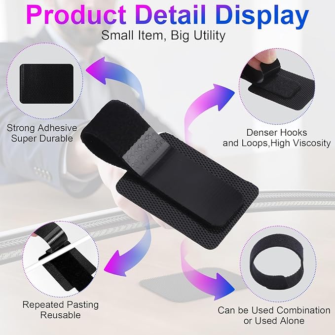 40 Set Cable Management Under Desk, Hook and Loop Cable Ties, Adhesive Strips for Cord Management Hider, Cord Organizer Clips, Computer Accessories for Desk Organization, Home Office Essentials
