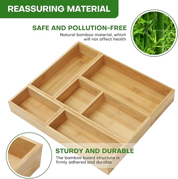 Bamboo Drawer Organizer Set, 5 PCS Multi-Use Individual Wood Storage Organizers