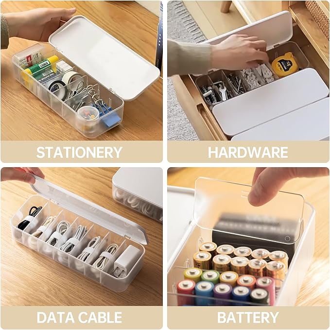 PAVSTINE Cable Organizer Storage Box with 7 Wire Ties,Desktop Cable Management Box with Lid,Power Cord Organizer with 7 Compartments for Office,Home,Desk Accessories Storage Stationery Supplies White