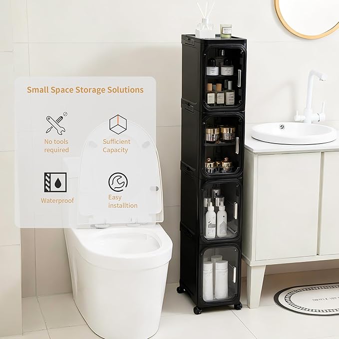 2-Tier Narrow Storage Cabinet, Slim Bathroom Storage Cabinet with Adjustable Shelves and Wheels, Narrow Organizer for Small Space, Bathroom, Kitchen, Laundry, Black