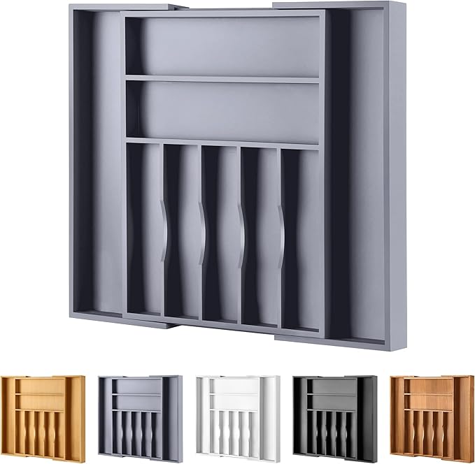 Large Premium Bamboo Silverware Organizer, Grey