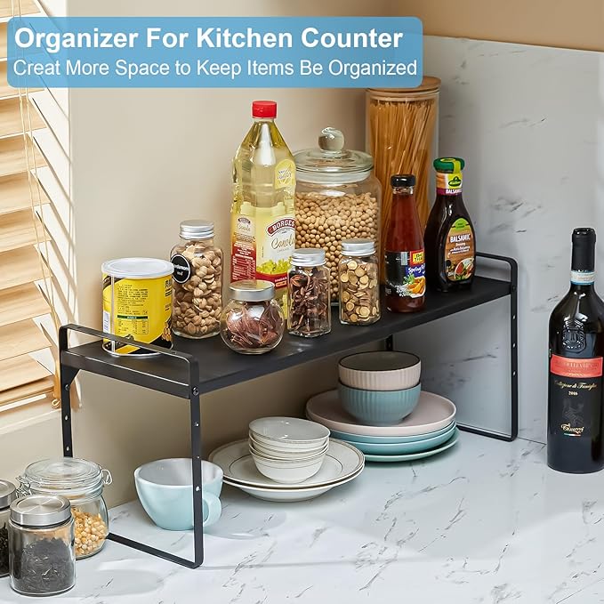 15.5 to 25.5 Inch Kitchen Cabinet Shelf Organizers, Adjustable Kitchen Counter Shelf Organizer, Set of 4 Expandable Countertop Storage Shelves, Stackable Design, 30LBS Heavy Duty, Space Saver