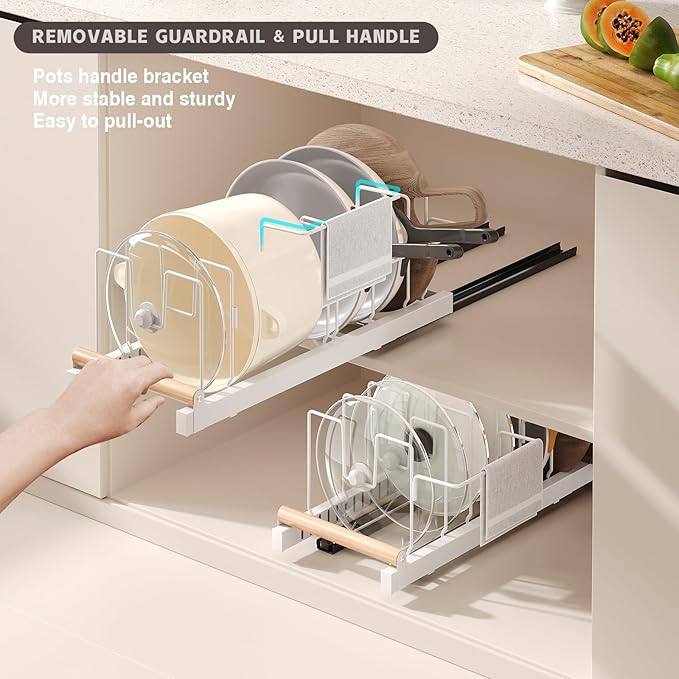 Magheo Pull Out Pots and Pans Organizer Under Cabinet, 22" Deep Expandable Pot Lid Organizer and Storage with 10 Adjustable Dividers Adhesive Pot and Pan Holder Rack with Handle Bracket(1 Pack,White)