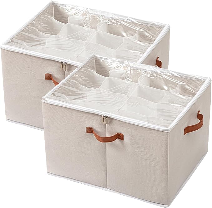 2 Pack Shoe Organizer for Closet - Shoe Organizer with Adjustable Dividers and Clear Cover, Foldable Closet Shoe Organizer Fits up to 16-32 Pairs
